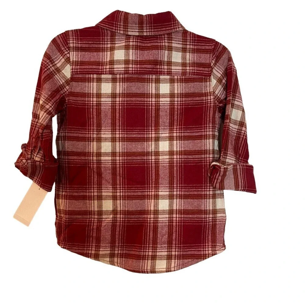 New OSHKOSH B'GOSH Kid's Cozy Flannel Button-Front Checked Shirt in Red size 5.